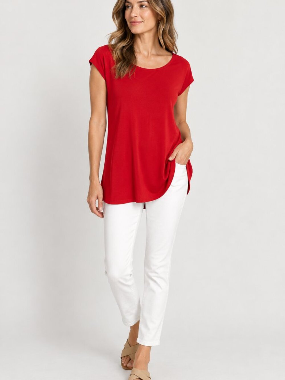 Eileen Fisher Red Stretch Viscose Cap Sleeve Tunic Top Size Small